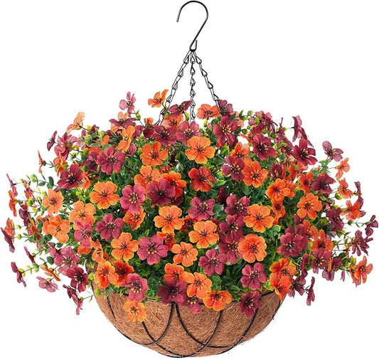 INXUGAO Artificial Silk Flowers Hanging Baskets for Outdoors Indoors, Daisy with Eucalyptus Leaves Arrangement for Garden Yard Decor, Faux Green Plant in Metal Coconut Lining Flowerpot(Orange Brown)