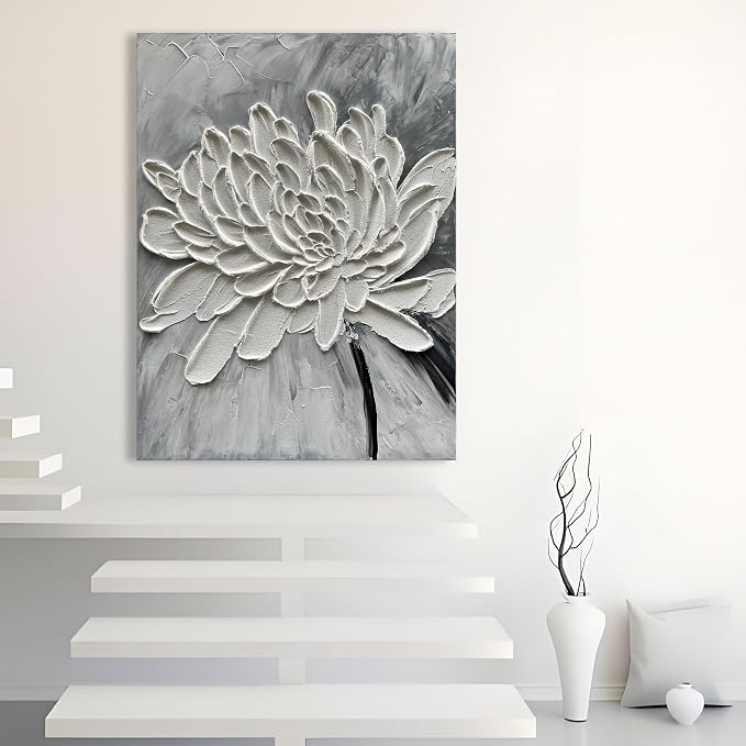 Hand Painted Modern Abstract Oil Painting White Flower Painting 40x28 inch Contemporary Minimalist Art Wall Decoration