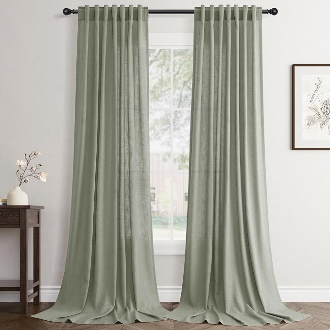 Jowels Sage Green Linen Curtains 92 Inch Long 2 Panels for Living Room | Light Filtering Semi Sheer Curtain, Back Tab Pocket Pleated Look, Boho Farmhouse Textured Privacy Drapes for Bedroom Window