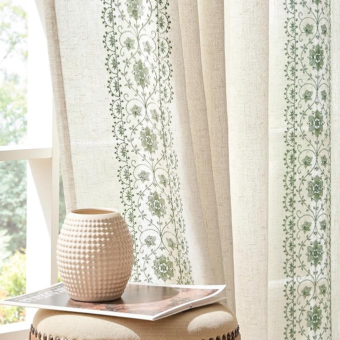 jinchan Weslie Boho Curtains for Living Room Sage Green Vintage Floral Farmhouse Curtains 108 Inches Long Linen Drapes for Bedroom Embroidered Extra Long Light Filtering Drapes 2 Panels