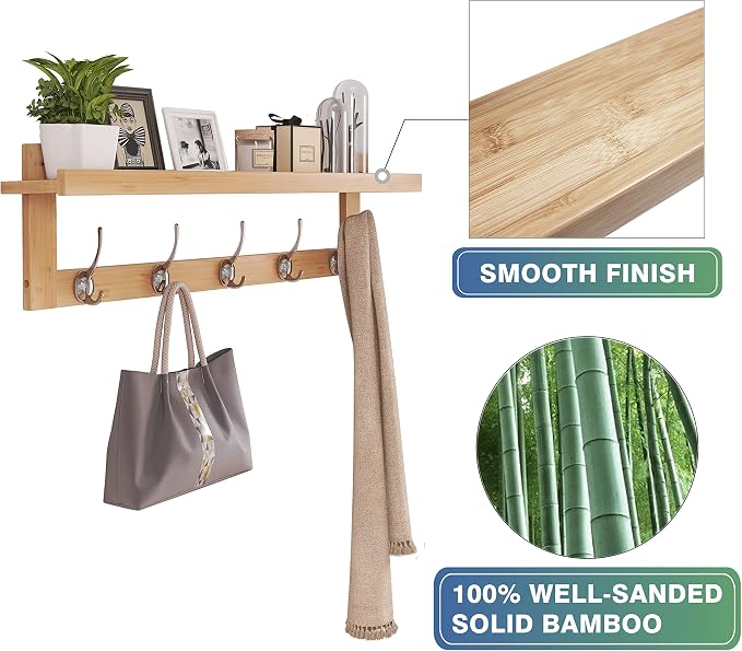 SMIBUY Coat Hooks with Shelf Wall-Mounted, 29.2 Inch Entryway Coat Rack for Wall, Bamboo Hanging Shelf with 5 Double Metal Hooks for Bathroom, Bedroom, Kitchen, Living Room, Mudroom (Natural)