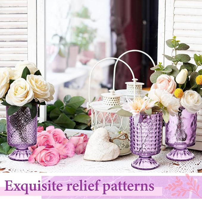 6 Pcs (H: 7" W: 4") Embossed Flower Vase Pedestal Glass Vase Big Base Thickened Crystal Vintage Vases for Wedding Party Home Decor Table Centerpiece House Warming Gifts (Purple,Classic)