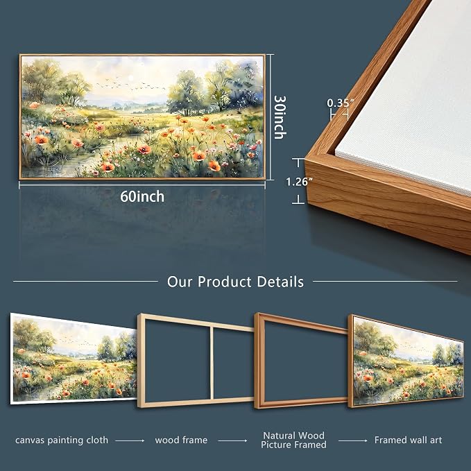 XIGUANGART Canvas Wall Art for Living Room Wildflower Pastoral Scenery Paintings Large Framed Wall Decor Meadow Abstract Pictures Rustic Floral Art Print for Bedroom Office Modern Artwork Decorations