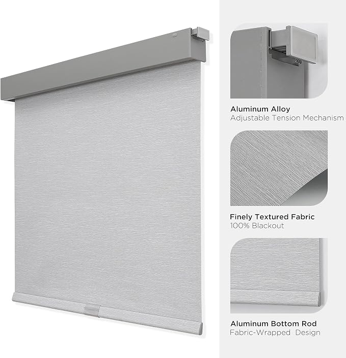 Joydeco No Drill Blackout Shades, Free-Stop Cordless Roller Shades, UV Protection, Thermal Insulated Blinds for Indoor Windows, Easy Install Window Blinds for Home and Office (Grey, Custom Size)