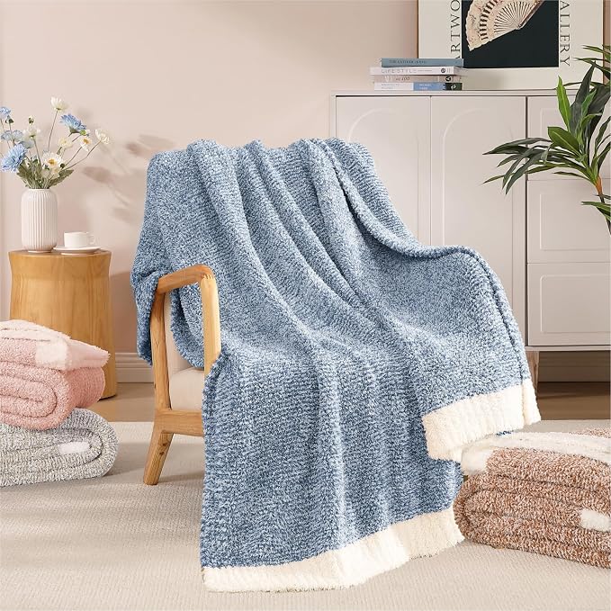 WRENSONGE Soft Throw Blanket for Couch-Cozy Reversible Knitted Blankets | Lightweight Warm Fluffy Decor for Women, Mom, Her & Girls, Sofa, Chair, Bed, 50x70in, Cationic Dyeing Blue