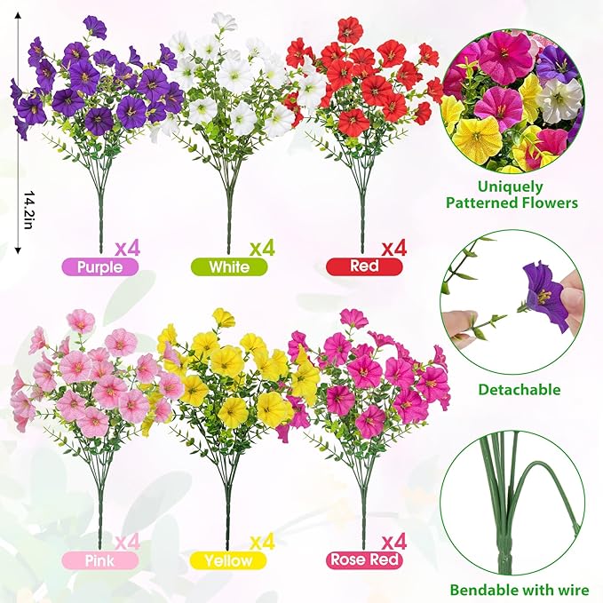 Ouddy Decor 24 Bundles Artificial Flowers for Outdoors, Fake Petunias Flowers Silk Morning Glory with Eucalyptus Faux Plants for Indoor Outside Spring Summer Yard Garden Porch Home Decor, Multicolor