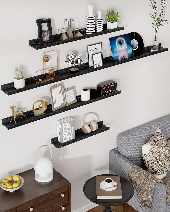Axeman Oak Picture Ledge Shelf, 36 Inch Floating Shelves Set of 2, Solid Oak Wood Wall Shelves with Lip, Wall Decor Storage for Bedroom Living Room Bathroom Kitchen Nursery Photo Picture, Black