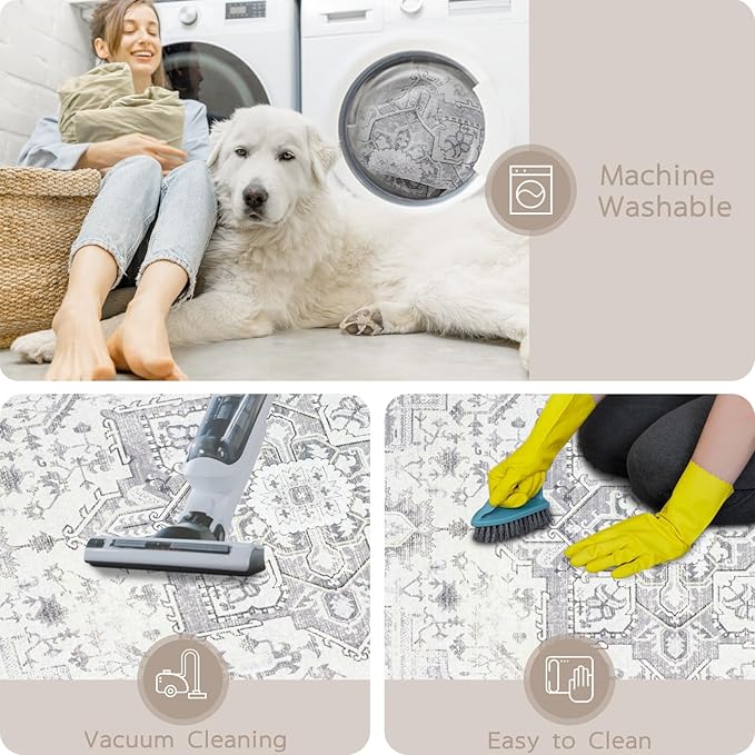 Srugn Area Rug 8x10 Washable Area Rugs for Living Room,Bedroom, Dining Room- Ultra Soft Non-Shedding Faux Wool Retro Rugs,Large Vintage Carpets with Non Slip Rubber Backing for Farmhouse Home Office