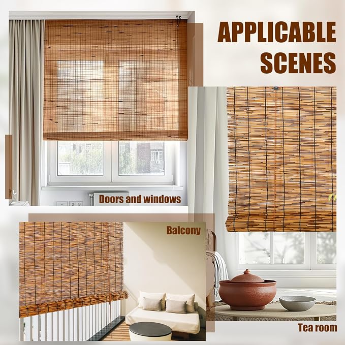 Reed Roller Blinds Shades, Vertical Lifting and Breathable Waterproof Design, Sun Shade and Ventilation, Easy Installation,35" Wx64 H