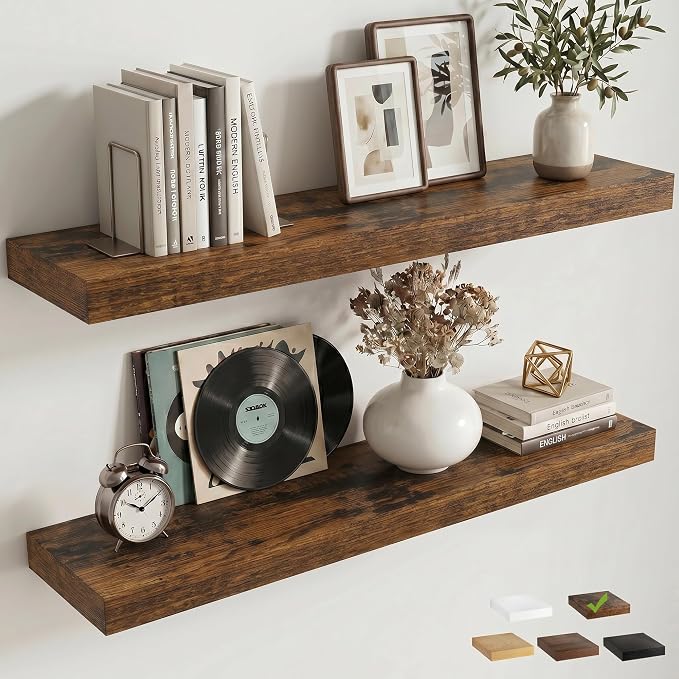 36 Inch Floating Shelves for Wall, 8"D Wood Storage Shelves, Brown Finish | Engineered Wood, Invisible Bracket, Large Storage, Easy Install, Hold Up to 55lbs, Living Room, Bathroom, Bedroom, Kitchen