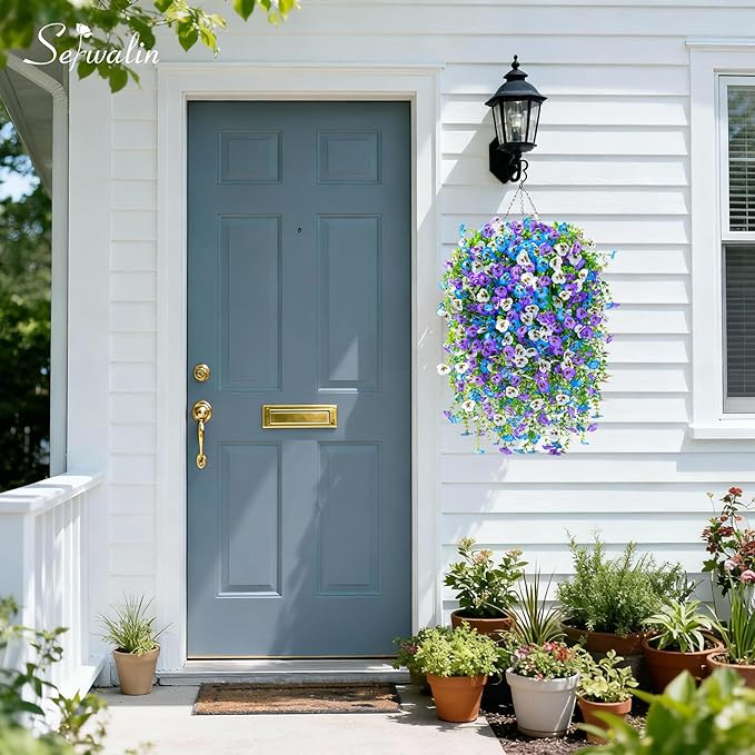 Serwalin Artificial Fake Hanging Flowers for Outdoors Planters,6PCS UV Resistant Faux Pansy Spring Flowers for Outside Porch Patio Garden Window Box (Blue Purple White)