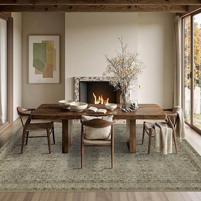 Rugxara 6x9 Area Rugs for Living Room Bedroom, Large Washable Rug, Olive Vintage Floral Boho Style, Non Slip & Low Pile Carpet for Indoor Dining Room, Dorm and Kids Room(Olive Brown 6x9ft)