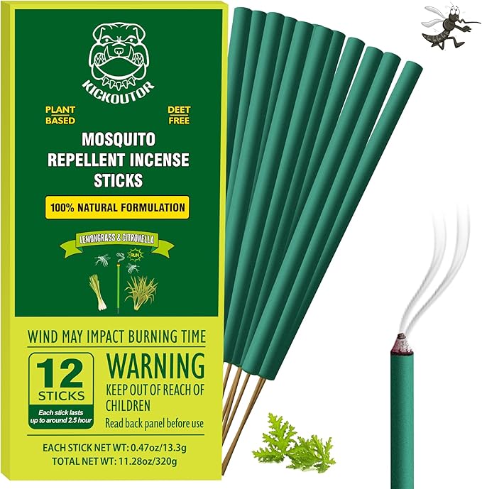 KICKOUTOR® Mosquito Incense Sticks with Citronella, 12 Count Natural Outdoor Mosquito Repellent for Patio Backyard Camping, 2.5-Hour Burn DEET-Free Flying Insect Bug Control | Gnat No-See-um