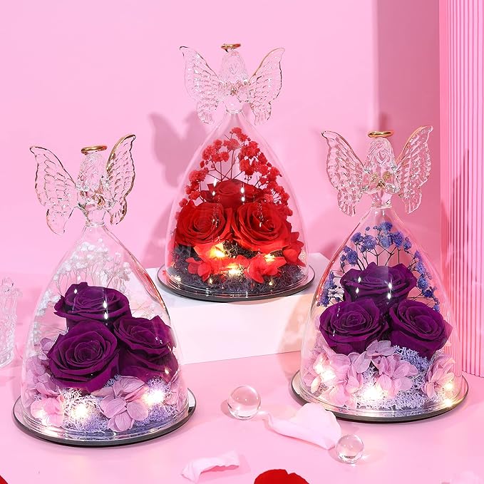 Mothers Day Rose Gifts for Women Preserved Real Flower in Glass Angel Figurines Roses for Delivery Prime Birthday Gifts for Mom Grandma Girlfriend Wife Her - Red
