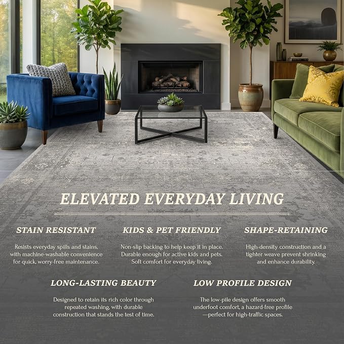 10x14 Washable Area Rug for Living Room - Massive Gray Abstract Modern Rug, Non-Slip Low Pile Grey Vintage Distressed Carpet for Great Rooms & Large Sectionals