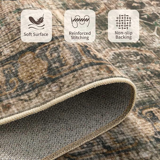 Rugxara 6x9 Area Rugs for Living Room Bedroom, Large Washable Rug, Brown Vintage Retro Boho Rug, Non Slip & Low Pile Faux Wool Thin Carpet for Indoor Dining Room and Kids Room(Charcoal/Olive 6x9ft)