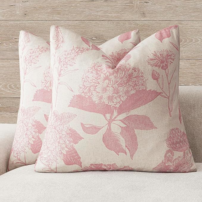 Foindtower Set of 2 Linen Floral Throw Pillow Covers Neutral Vintage Print Decorative Cozy Cushion Covers Farmhouse Boho Home Decor for Sofa Chair Couch Bedroom Living Room,24×24 Inch,Light Pink