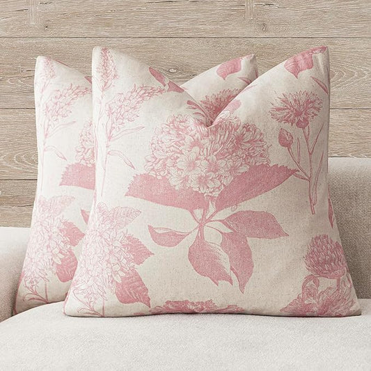 Foindtower Set of 2 Linen Floral Throw Pillow Covers Neutral Vintage Print Decorative Cozy Cushion Covers Farmhouse Boho Home Decor for Sofa Chair Couch Bedroom Living Room,24×24 Inch,Light Pink