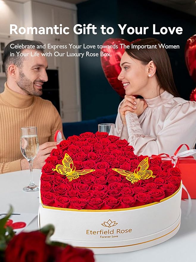 Eterfield 77 Forever Flowers in Heart Shape Box, Preserved Roses That Last a Year Preserved Flowers Birthday Gifts for Her Mom Women Wife Anniversary Valentines Day Mothers Day Christmas, Red