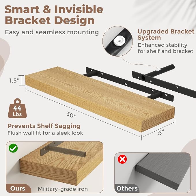 30 Inch Floating Shelves for Wall, 8"D Wood Storage Shelves, Oak Finish | Engineered Wood, Invisible Bracket, Large Storage, Easy Install, Hold Up to 44lbs, Living Room, Bathroom, Bedroom, Kitchen