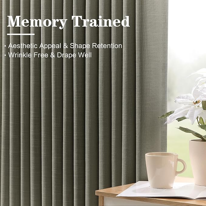 90 Inch Curtains Pinch Pleated Linen Curtain for Living Room, Dark Grey Floor to Ceiling Light Filtering Pleat Drapes Textured Thick Semi-Sheer Curtains with Hooks for Bedroom Study Room, 2 Panels