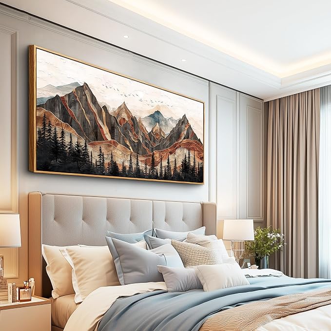 XIGUANGART Mountain Framed Wall Art, Long Horizontal Mountains Wall Decor, Pine Trees Nature Wall Painting, Modern Rustic Farmhouse Landscape Art Prints for Bedroom Office Decoration 20"x40"