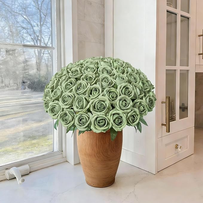 50 PCS Green Roses Artificial Flowers, Fake Roses with Stem Realistic Silk Roses for DIY Wedding Bouquets Tables Centerpieces Arrangements Baby Shower Birthday Home Decor Valentine's Day Gift for Her