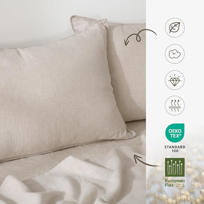 Linen Pillow Cases 100% French Natural Linen Pillowcase Set of 2-Stone Washed Moisture-Absorbing Linen Pillow Shams Queen(Standard) Size(20''x30''),Natural Linen