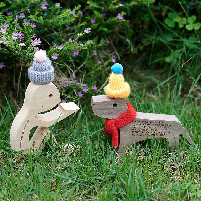 Humen and Dog Craft Figurine Desktop Table Ornament Wood Men Dog Model Creative Home Office Decoration Gift Lovely with Hat and Red Scarf(Large Size)