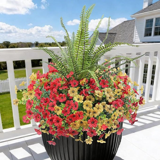 INQCMY Artificial Flowers for Outdoor 12 Pcs Faux Silk Daisy and 1 Pcs Fake Long Leaved Grass UV Resistant Tall Ferns for Home Doorway Courtyard Garden Backyard Decorative