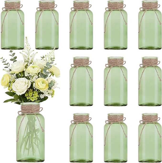Vintage Glass Flower Vase, Farmhouse Glass Centerpiece Vases Mason Jars for Weddings, Parties & Home Decor Bulk (12, Green)