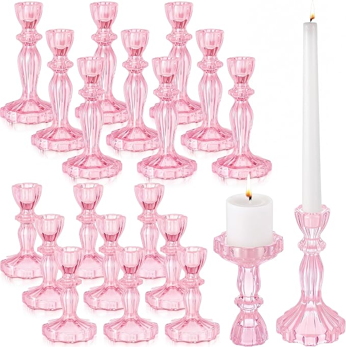 24 Pack Glass Candlestick Holders Set 4.3/6.1'' Taper Stripe Candle Holder Bulk Floral Shape Crystal Decorative Candle Stand Centerpiece for Table Wedding Dining (Pink)