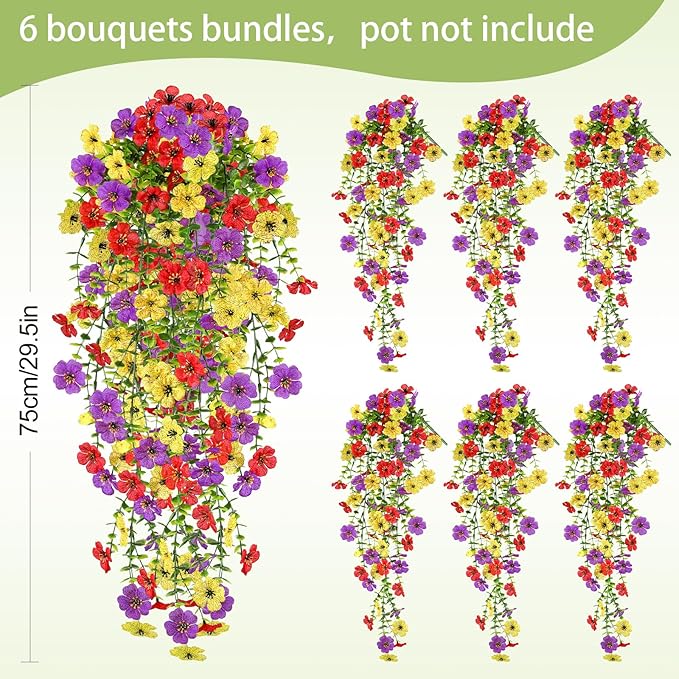 Artificial Flowers for Outdoors Spring Decor, 6 Bundles UV Resistant Realistic Faux Silk Hanging Flowers, Fake Plants for Planter Indoor Outside Garden Porch Patio Balcony Yard Farmhouse（Mix）