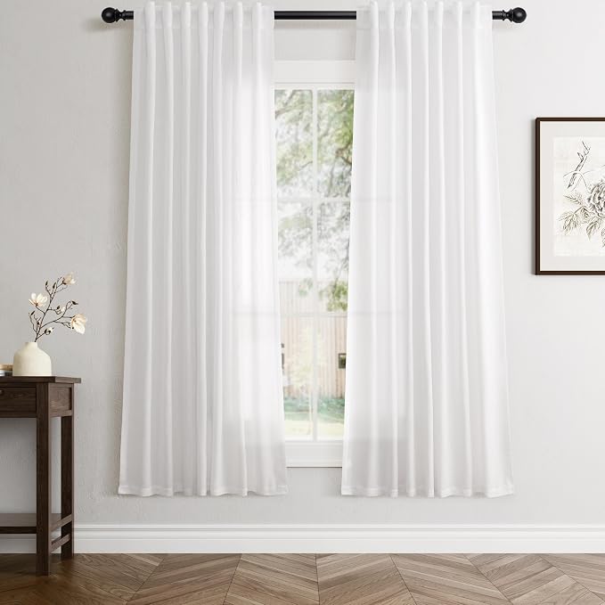 Jowels White Linen Curtains 63 Inch Long 2 Panels for Living Room | Light Filtering Semi Sheer Curtain, Back Tab Pocket Pleated Look, Boho Farmhouse Textured Privacy Drapes for Bedroom Window
