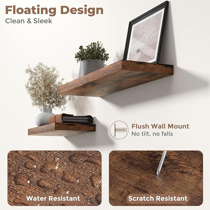 24 Inch Floating Shelves for Wall Set of 2, 8"D Wood Grain Bathroom Shelves with Invisible Brackets, Easy Install Engineered Wood Storage Shelves for Kitchen, Living Room, Bedroom, Rustic Brown Finish