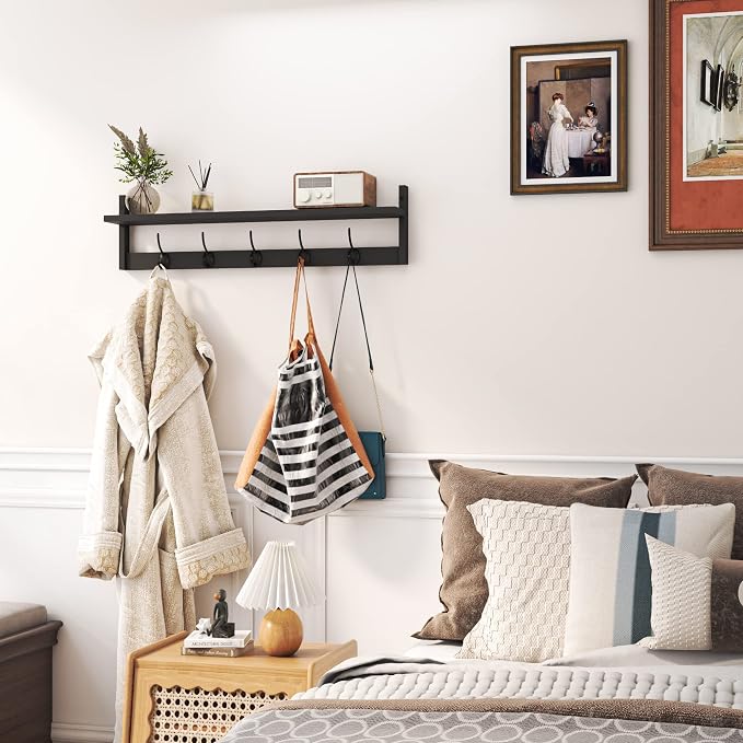 AMBIRD Wall Hooks with Shelf Entryway Hanging Wood Coat Hooks with Shelf Wall-Mounted Coat Hook Rack with 5 Dual Hooks for Bathroom, Living Room, Bedroom (Stylish Black)