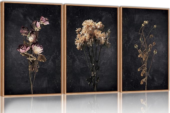 SIKERIC Dark Moody Dried Floral Wall Art, Framed Canvas Print Set of 3, Minimalist Botanical Wildflower Wall Art Decor, Black Modern Farmhouse Wall Art Painting for Living Room, Bedroom, Office-16x24