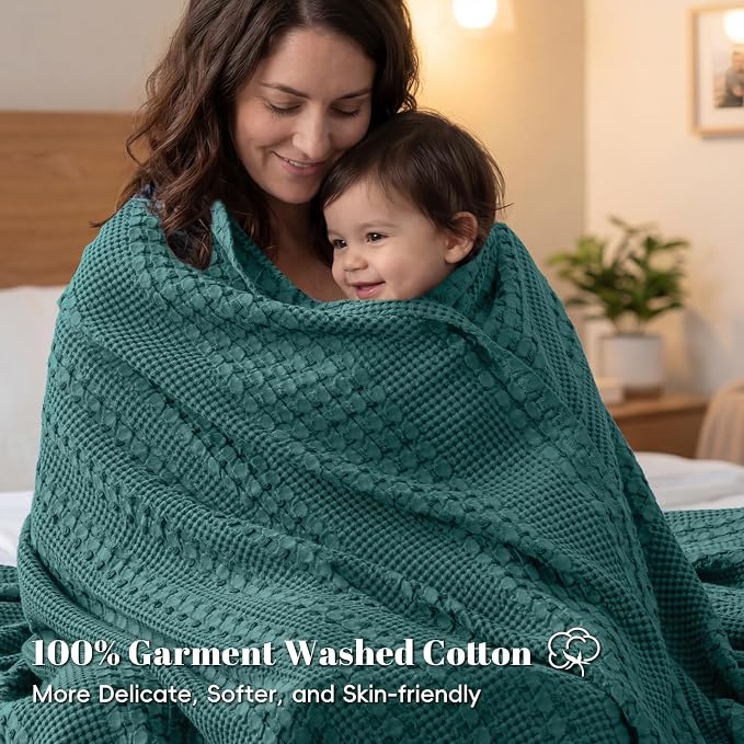 PHF 100% Cotton Waffle Blanket King Size for Bed, Lightweight Breathable and Soft for Summer, Luxury Aesthetic Waffle Weave Blanket for Home Decor & Gifts for Women, 108"x90", Teal