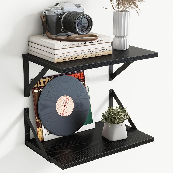 8" Deep Floating Shelves for Wall,16 inch Wood Wall Shelves Set of 2,Wide Floating Bookshelf with Sturdy Metal Brackets,Hanging Storage Floating Shelf for Living Room,Bedroom,Bathroom,Office,Black
