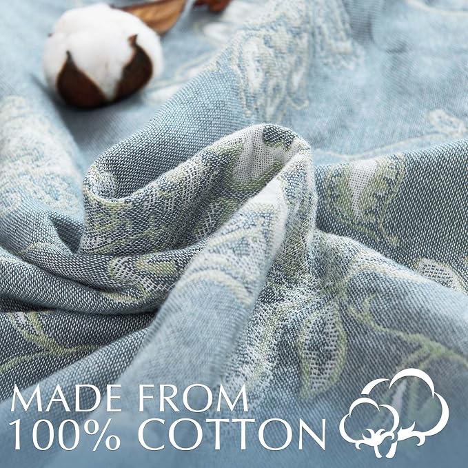 jinchan Boho 100% Cotton Muslin Queen Size 80x90 Inches Blanket Lightweight 4-Layer Quilted Soft Blue and White Floral Throw Blanket Green Accents Reversible Comfy Flower Rustic Summer Couch Bedroom