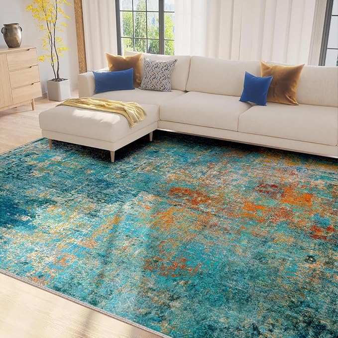 RELEANY Washable Area Rugs 7'x9' Non-Slip Modern Abstract Soft for Living Room Entryway Bedroom Nursery, Print Pattern, Teal Blue Green Orange Rust Red Coloreful