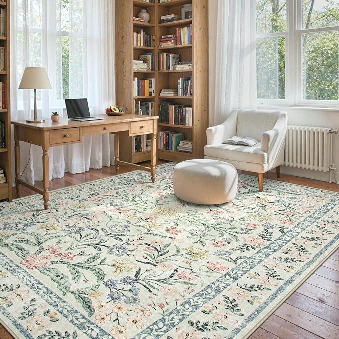 Wonnitar Boho Washable Rug 8x10, Large Area Rug for Living Room, Soft Floral Carpet for Bedroom Non Slip, 8 x 10 Indoor Beige Carpets for Nursery Dining Room Apartment Office Decor