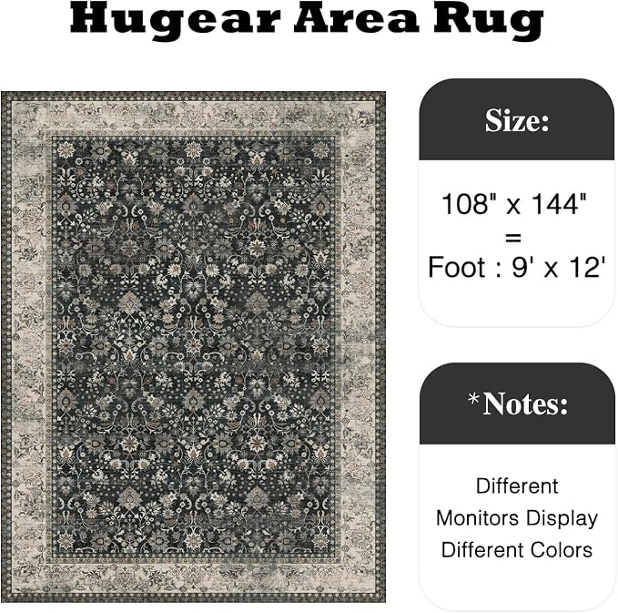 HUGEAR 9x12 Machine Washable Rugs Black Beige Hallway Large Area Rug Indoor Accent Rug Floral Low Pile Carpet Soft Throw Aesthetic Rug Bedroom Living Room Office Dining Room Kitchen Laundry Room