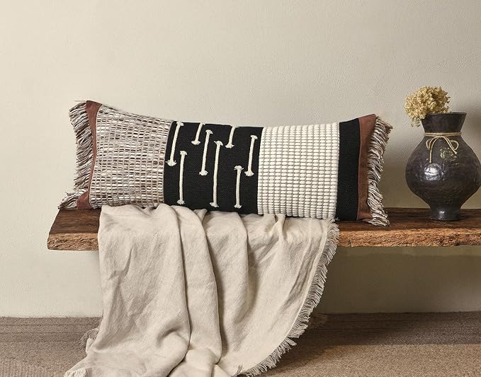 Boho Lumbar Pillow Cover 14x36 with Handmade Drawn Work Tassel | Long Lumbar Pillow Decorative Farmhouse Pillows Cushion Case for Bed Couch