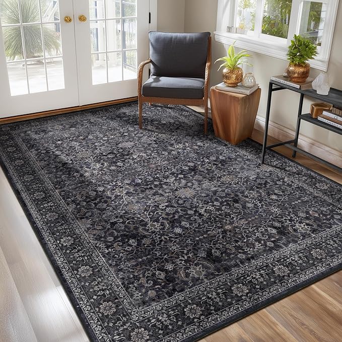 Dark 5x7 Area Rugs for Living Room Bedroom, Washable Non Slip Low Pile Thin Soft Carpet Rugs for Dining Room/Kitchen/Home Office/Nursery, Vintage Farmhouse Earth Tone Midnight with Gray Accents