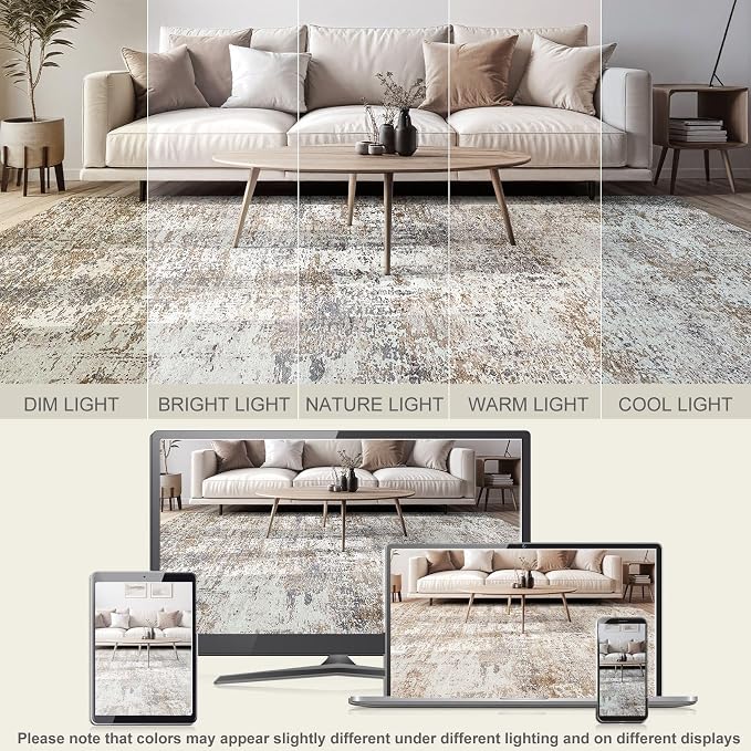 DMOYEST Area Rug Living Room Rugs - 9x12 Washable Large Soft Indoor Neutral Modern Abstract Low Pile Rug Carpet for Bedroom Dining Room Farmhouse Home Office - Brown/Grey/Black