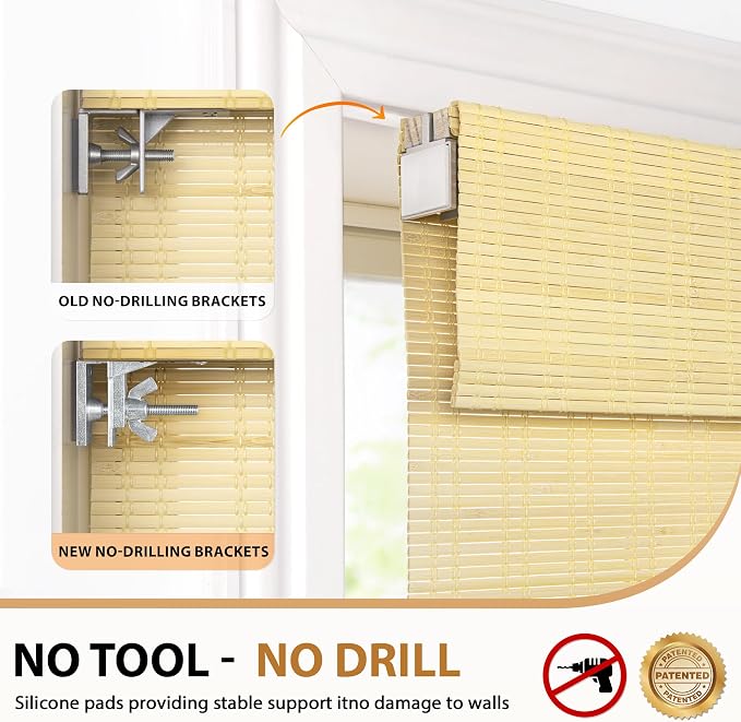 LazBlinds No Drill Bamboo Roman Shades, 20x64, Ceylon Natural | Light Filtering Window Treatment, No Tools Cordless Roll Up Bamboo Blinds for Window