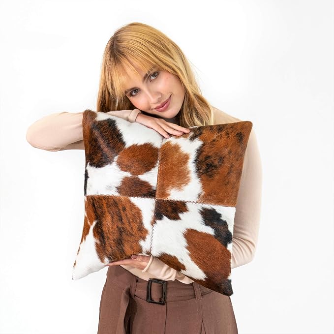 ecowhides 100% Genuine Brazilian Cowhide Patchwork Pillow – Tricolor Four Panel Design – Single-Sided – Luxury Leather Decorative Cushion for Rustic & Western Home Décor – 15” x 15”