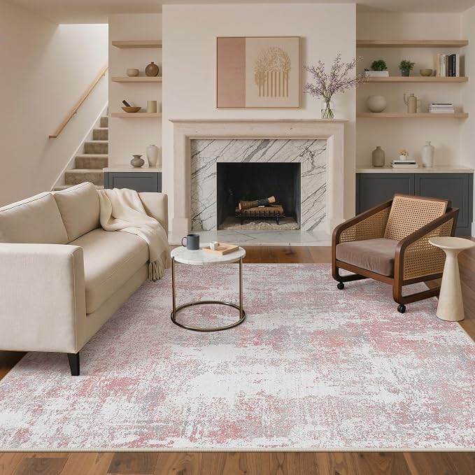 BEIMO Area Rugs 5x7 for Living Room Bedroom, Modern Abstract Machine Washable Rug, Large Soft Low Pile Floor Carpet with Non Slip Backing for Dining Room, Pink/Grey
