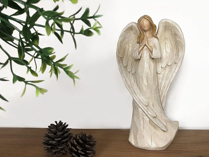 Hodao Praying Angel Figurine Resin Guardian Angel Statue for Home Decor, Elegant White Blessing Sculpture for Shelf Table Mantel, Keepsake Gift for Mom, Women and Family
